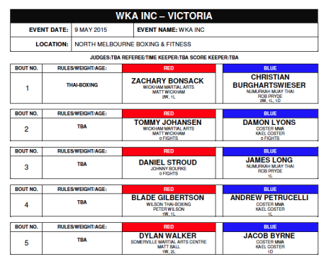WKA Muay Thai Fight Card