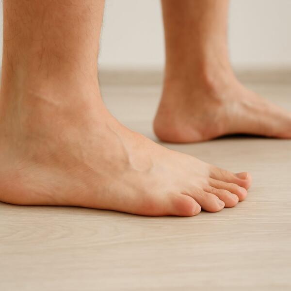 Close-up of bare feet standing on a wooden floor, illustrating foot health and mobility