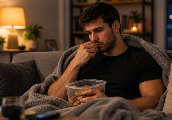 Man eating cookies alone on the couch at night, representing emotional eating