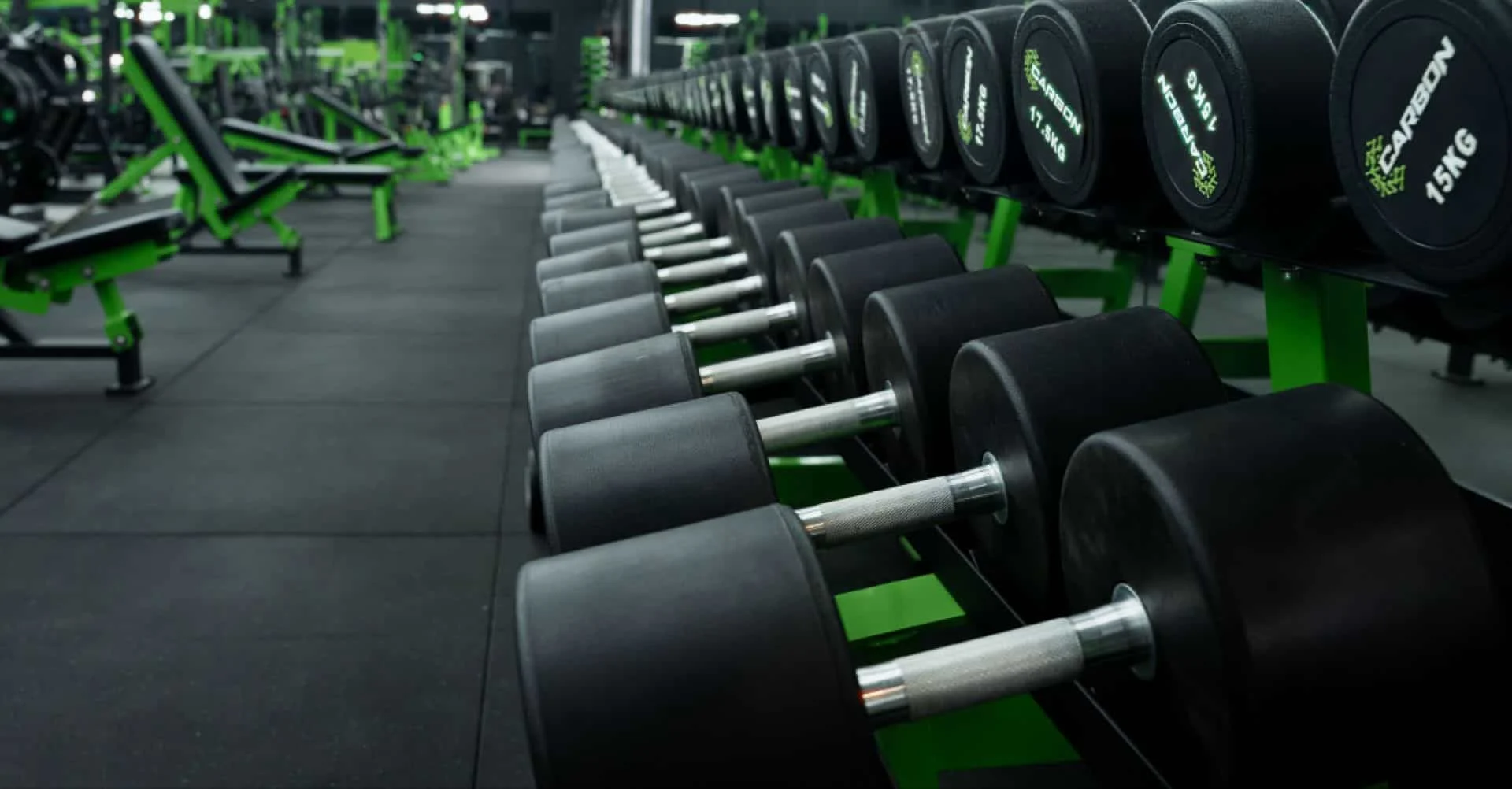 Free weights and dumbbell racks on the gym floor at Carbon Gym, a 24/7 gym in Norlane, Geelong