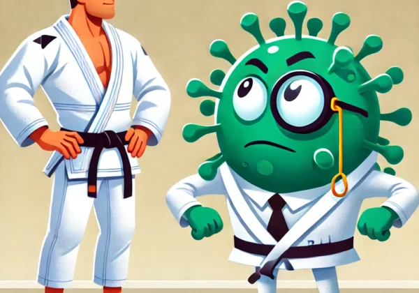 Dall·e 2024-11-20 08.18.52 - A Humorous Yet Professional Illustration Of A Brazilian Jiu-jitsu (bjj) Practitioner Wearing A Clean White Gi, Standing On A Mat. The Practitioner Is