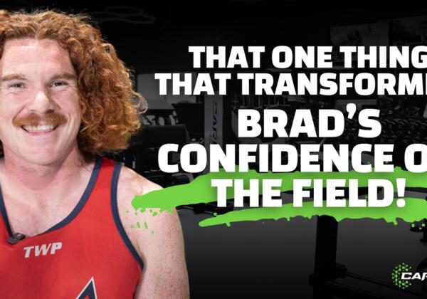 Brad, wearing a red sports jersey, giving his testimonial with confidence.