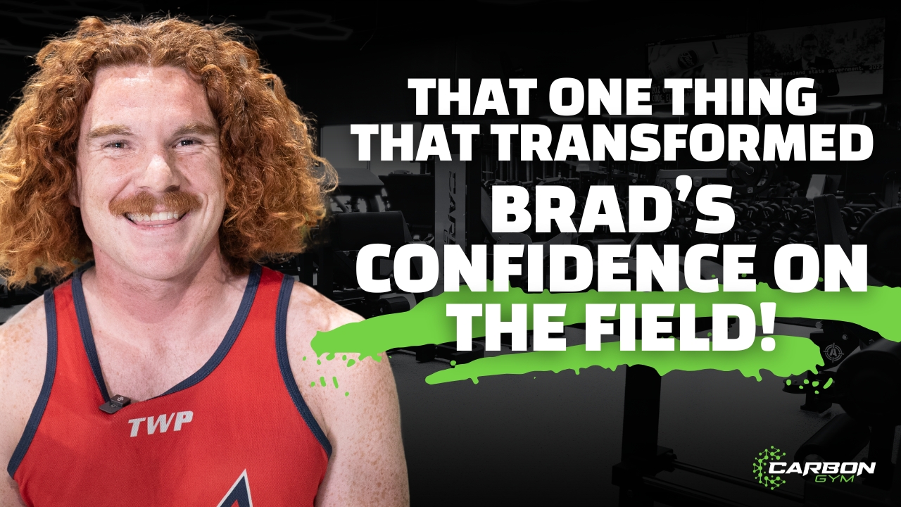 Brad, wearing a red sports jersey, giving his testimonial with confidence.