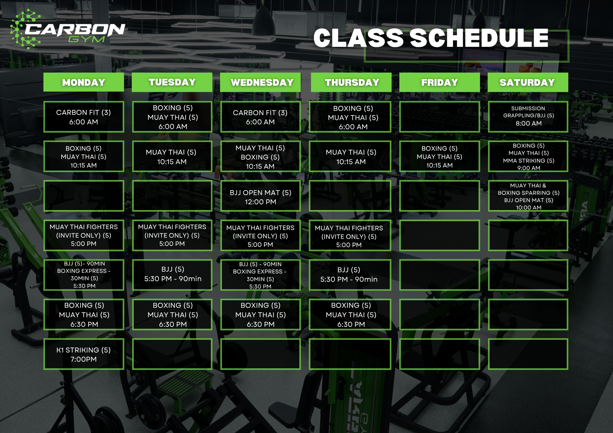 Carbon Gym & Express Timetables