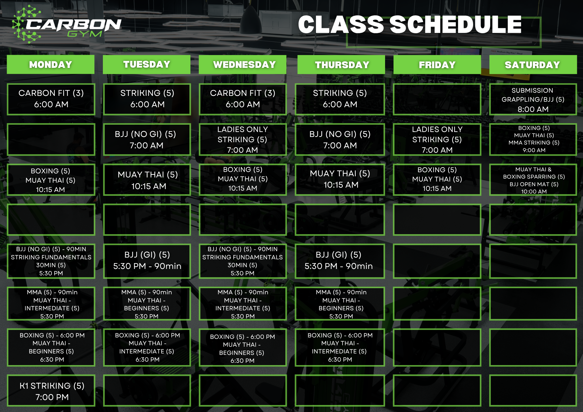 Carbon Gym & Express Timetables