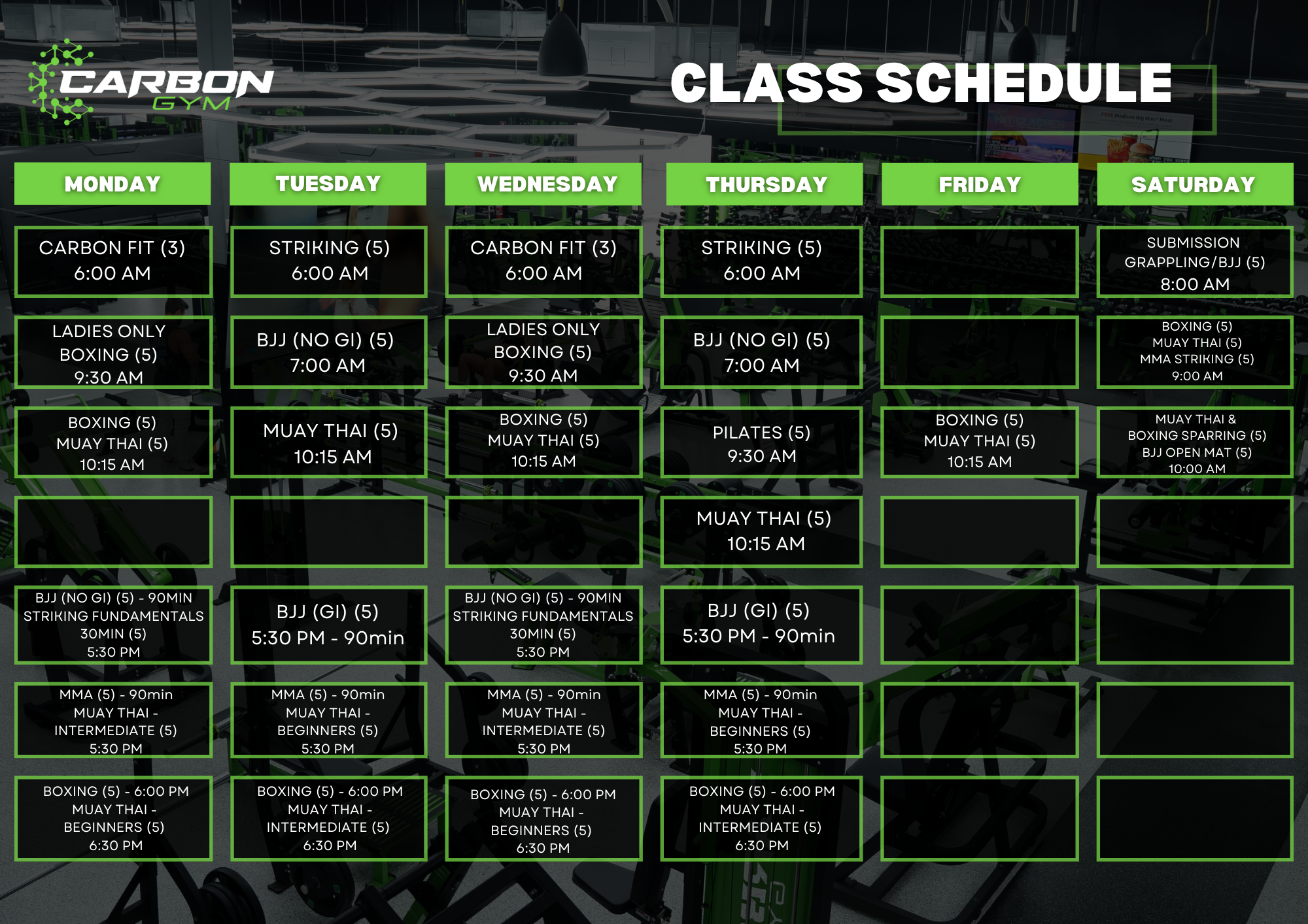 Carbon Gym & Express Timetables