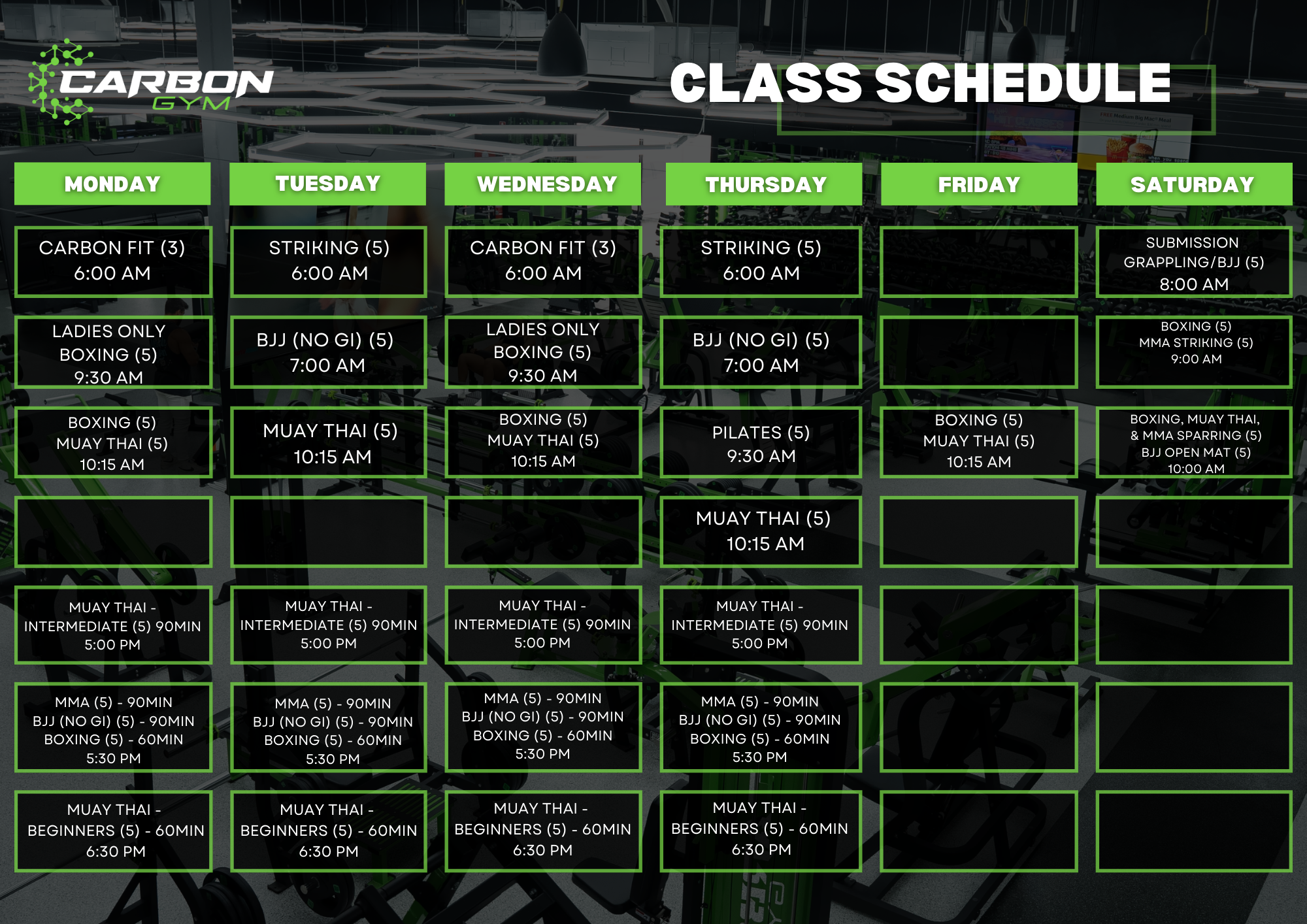 Carbon Gym Timetables