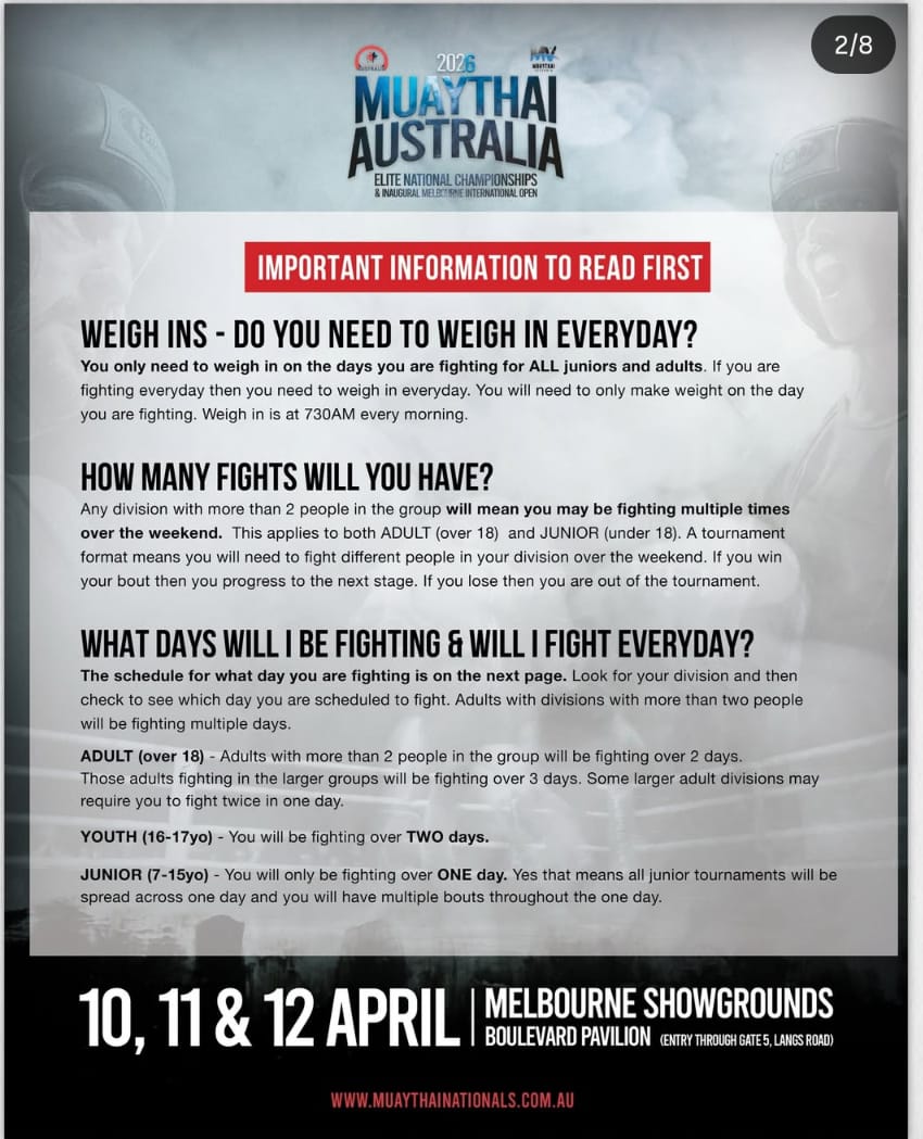 Important information for competitors at the 2026 Muay Thai Australia Nationals