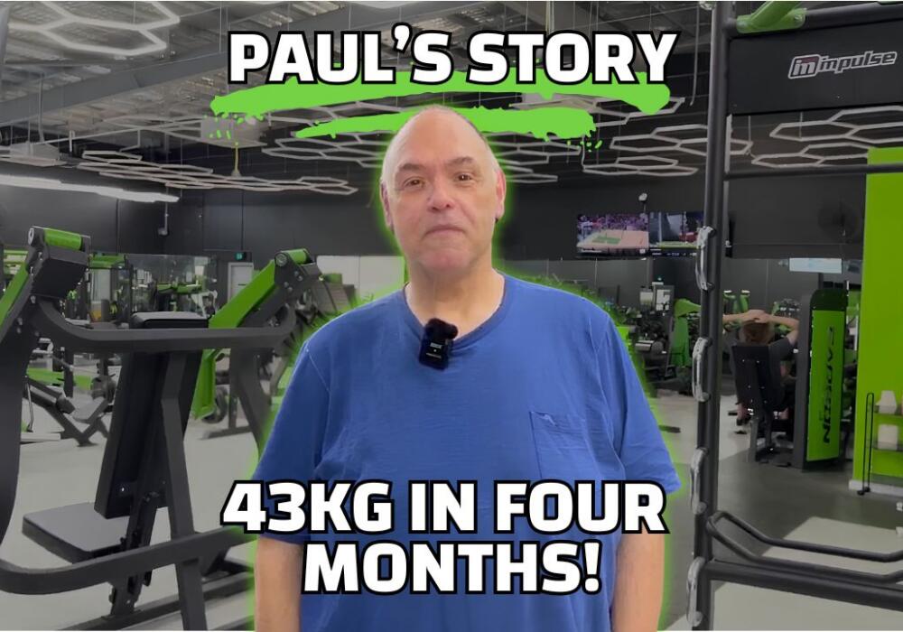 Paul standing in Carbon Gym Geelong with gym equipment in the background, text overlay reading 