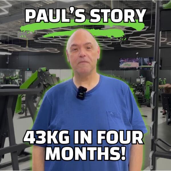 Paul standing in Carbon Gym Geelong with gym equipment in the background, text overlay reading 