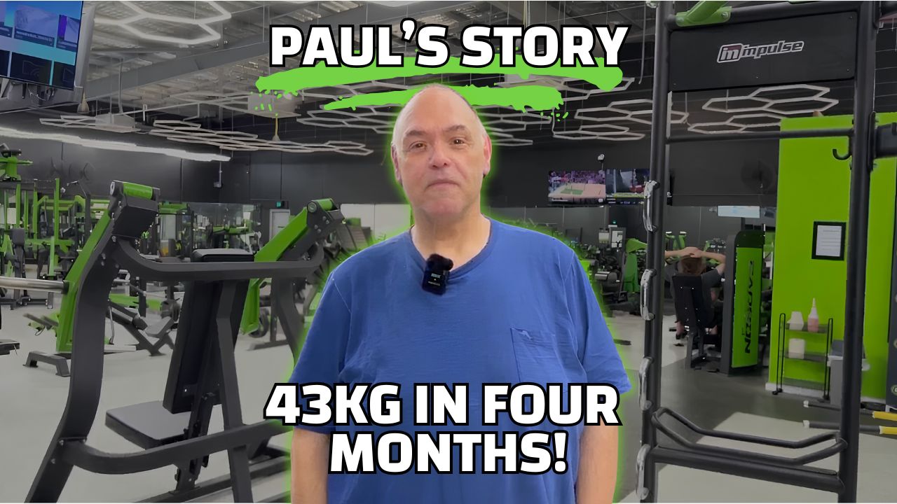 Paul standing in Carbon Gym Geelong with gym equipment in the background, text overlay reading "Paul's Story" and "43KG IN FOUR MONTHS!"