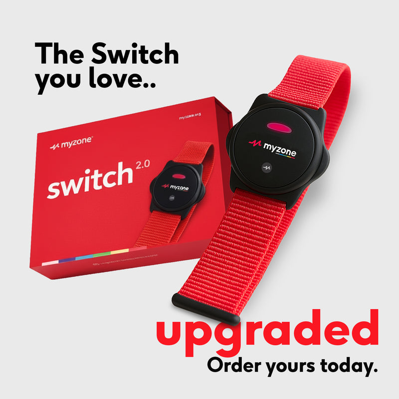 Myzone Switch 2.0 heart rate monitor with wrist strap and packaging at Carbon Gym Geelong