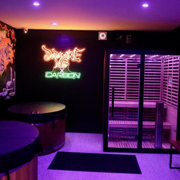 Vertical interior shot of a recovery room in purple ambient light with an infrared sauna, cold plunge tubs and a timber bench.