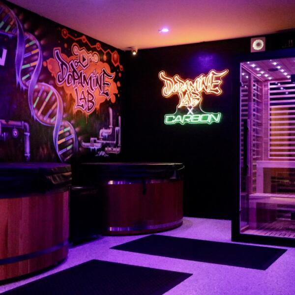 Dopamine Lab recovery room at Carbon Gym Geelong, showing the two red cedar ice baths and the infrared sauna