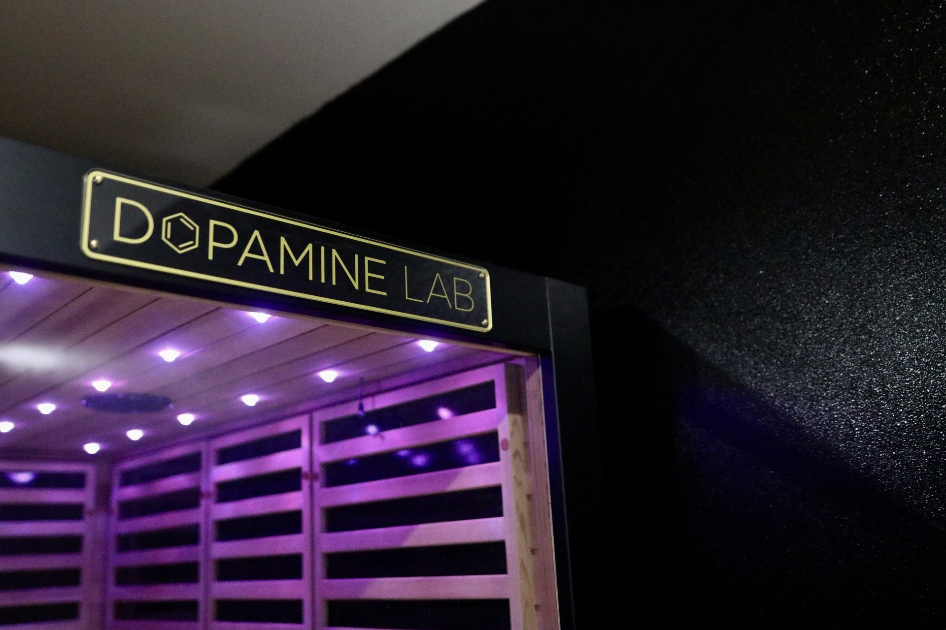 Close-up of the gold Dopamine Lab plaque mounted above a cedar sauna doorway, with purple LED lights glowing inside through the wooden slats.