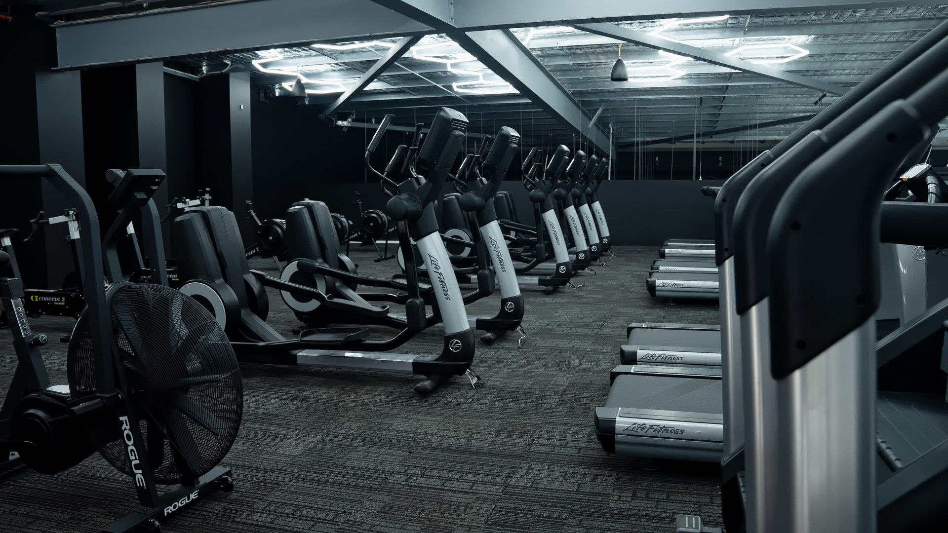 Row of treadmills and elliptical trainers under industrial ceiling lighting, with a carpeted cardio room floor.