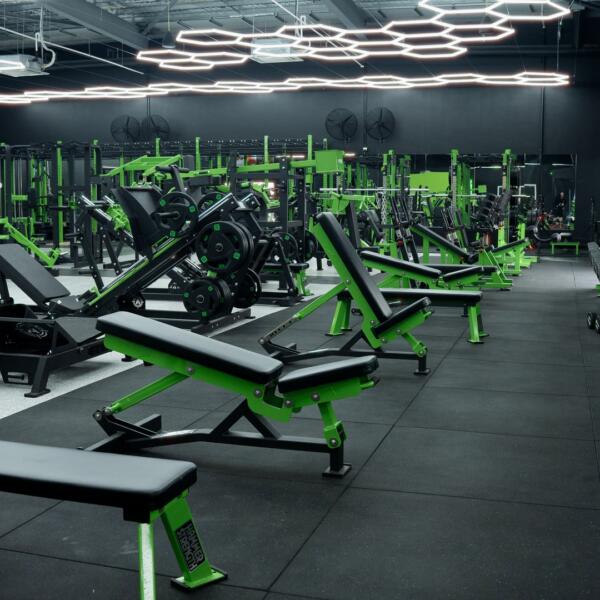 Gym floor with adjustable benches, a dumbbell rack, and cable machines under hexagon LED ceiling lights.