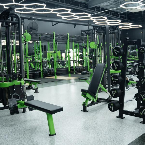 Gym floor with an adjustable bench, a dumbbell rack, and a cable machine, lit by hexagon-shaped ceiling lights.