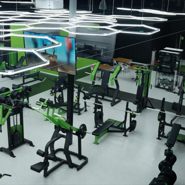 High-angle gym shot with hexagon-shaped LED ceiling lights glowing above rows of benches and strength machines.