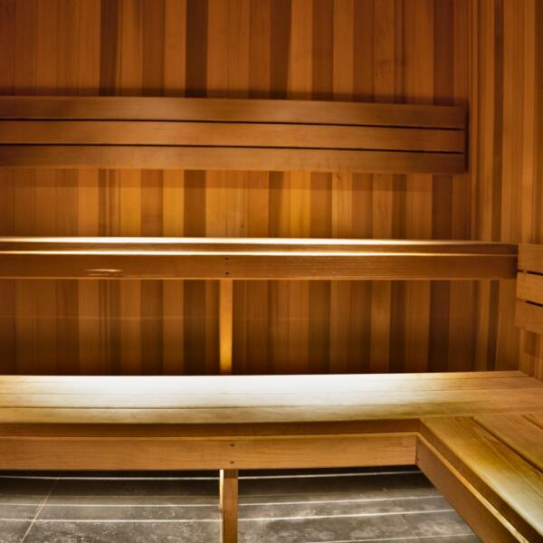 Traditional sauna interior in Studio 3 at Carbon Gym Geelong, showing the cedar wood benches.