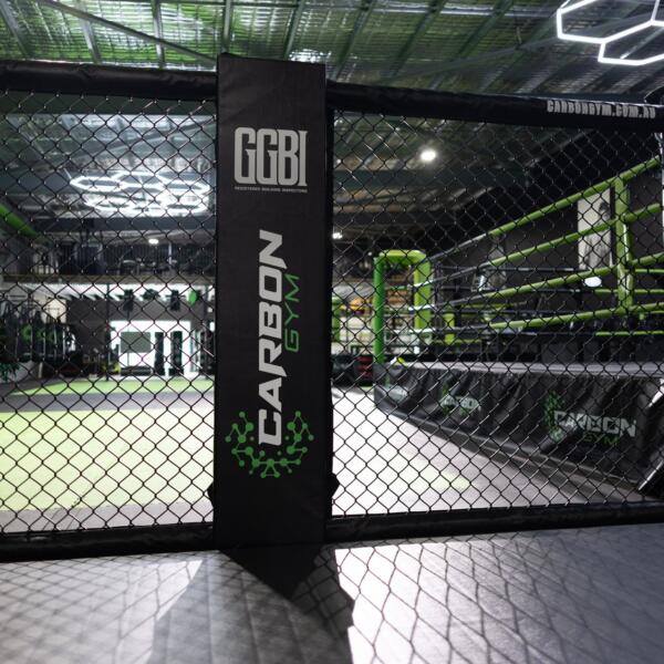 View through an open MMA cage door at Carbon Gym Geelong, showing a boxing ring, heavy bags and hexagon ceiling lights in Studio 5.