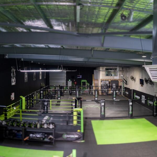 Elevated interior photo of a boxing gym with a ring, rows of hanging heavy bags, and black-and-white boxer portraits on dark walls.