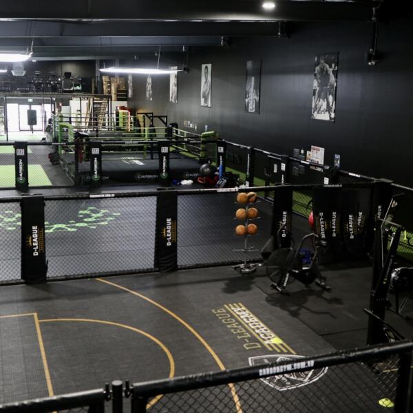 Two gym members training together on green mats inside a caged studio, with a boxing ring visible in the background.