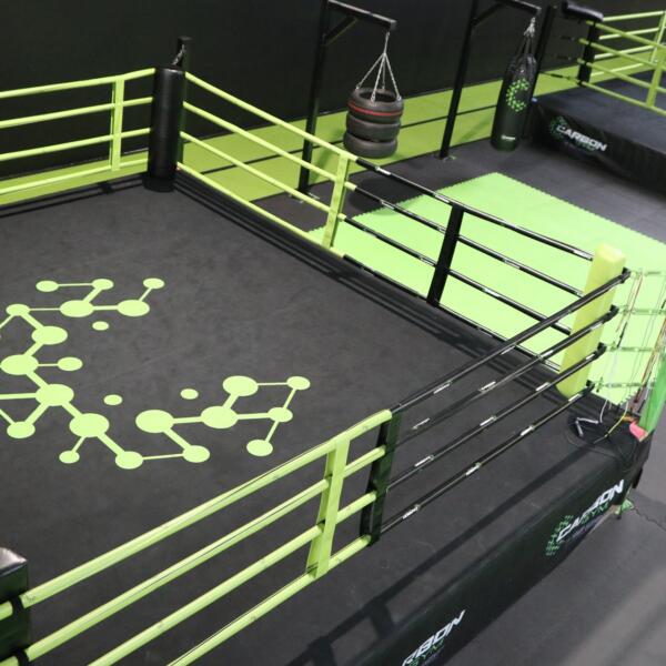 Close-up angle of a boxing ring canvas with a green molecular logo, tyre punching bag and ring ropes in view.