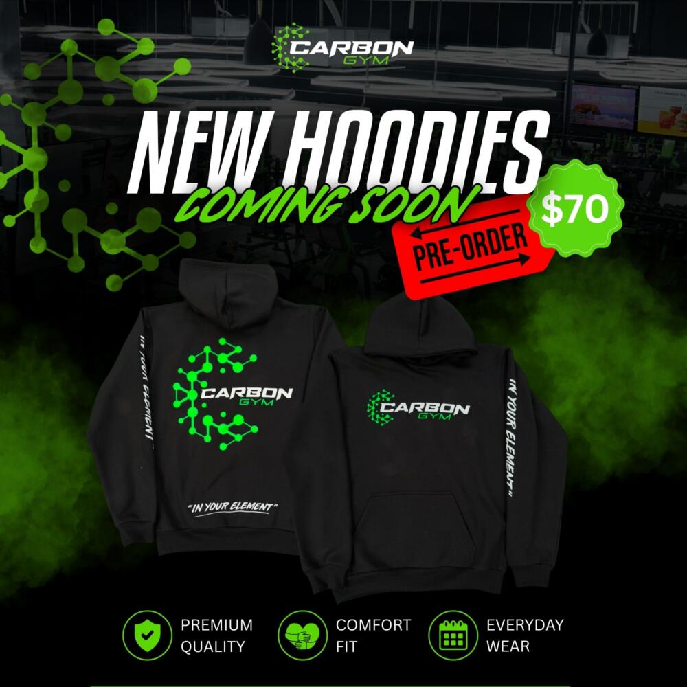 Black gym hoodie with embroidered Carbon Gym logo, available on pre-order at Carbon Gym Geelong