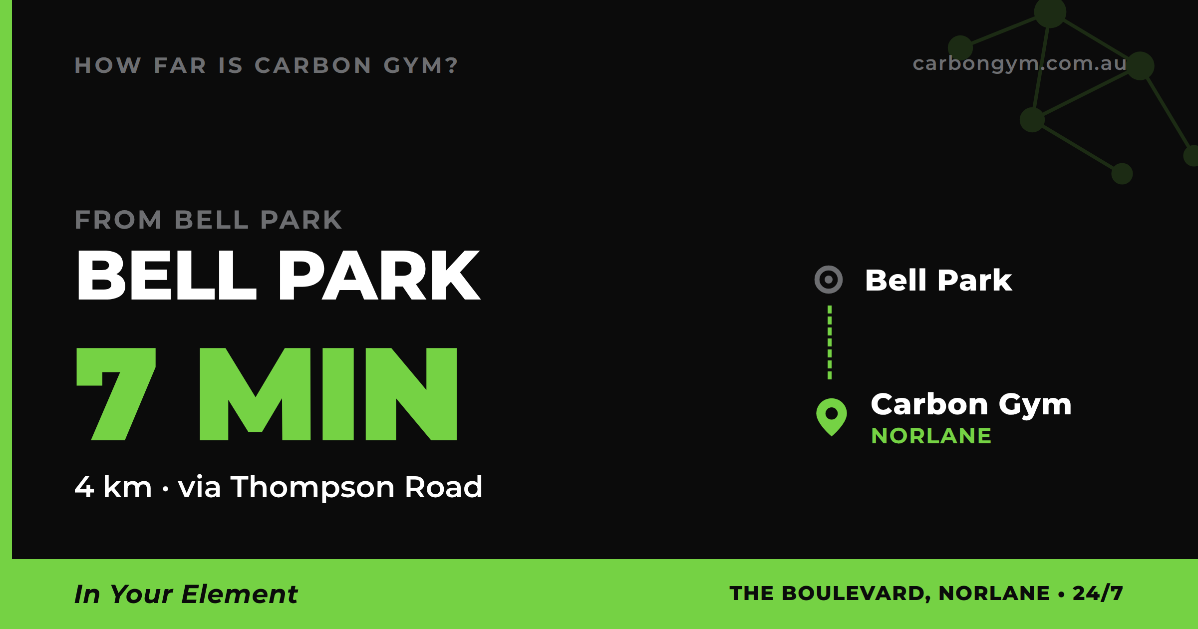 Map of the drive from Bell Park to Carbon Gym in Norlane, about seven minutes via Thompson Road