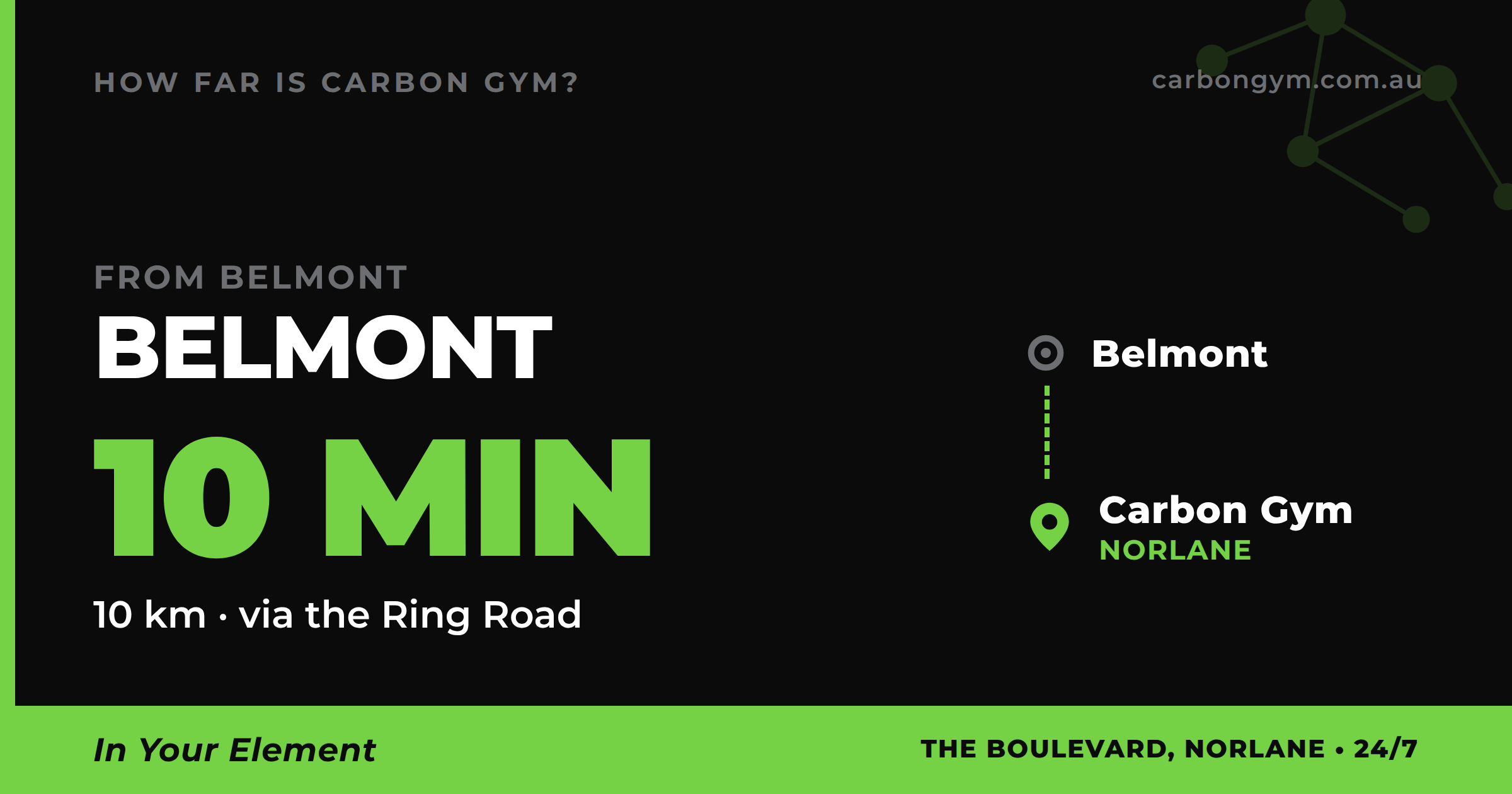 Map of the drive from Belmont to Carbon Gym in Norlane, about ten minutes over the river