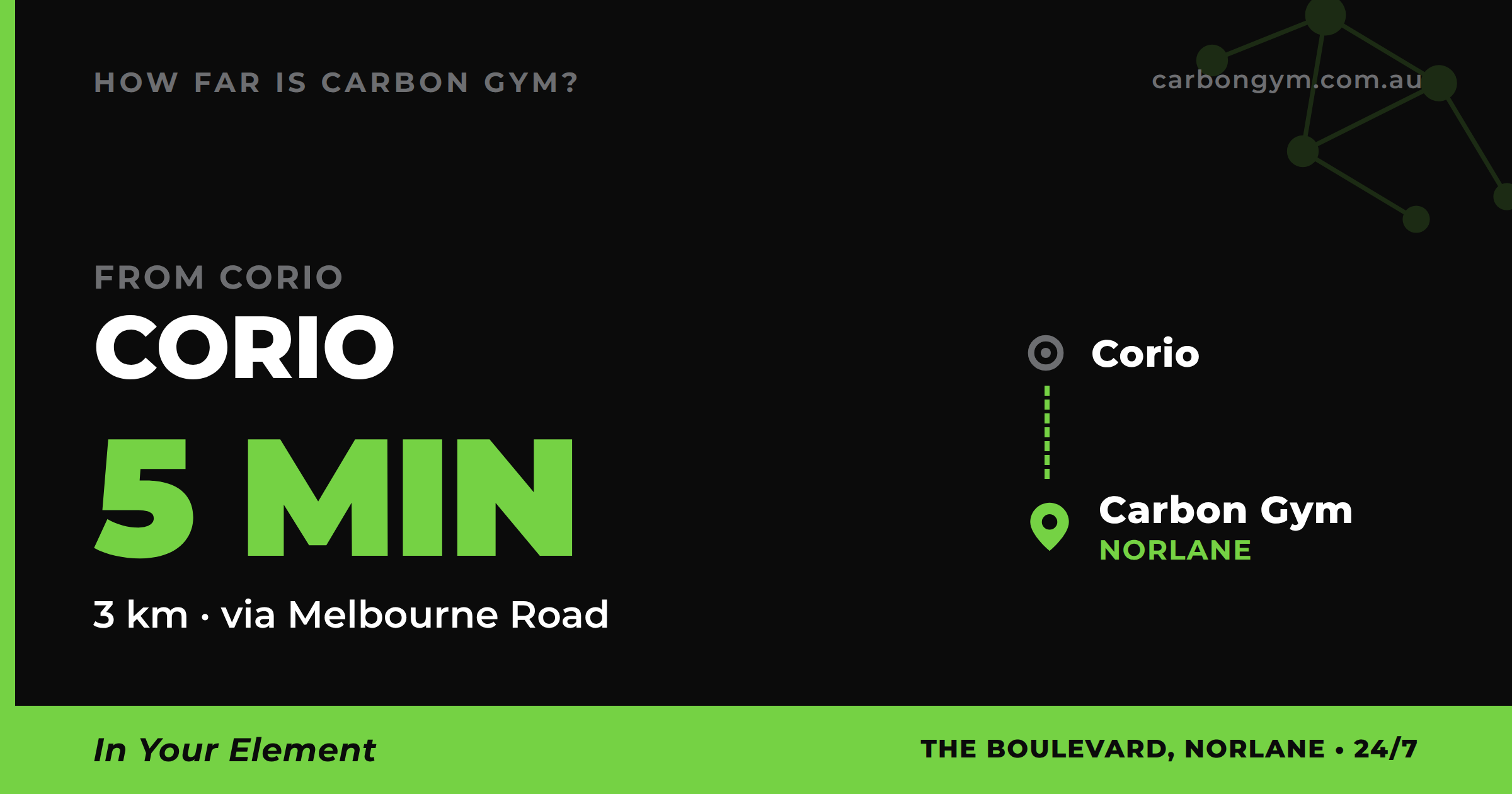 Map of the drive from Corio to Carbon Gym in Norlane, about five minutes via Melbourne Road