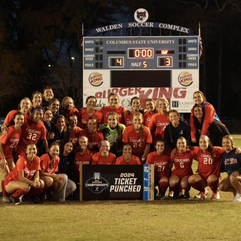 Columbus State Cougars women's soccer team celebrating their 2024 NCAA tournament berth