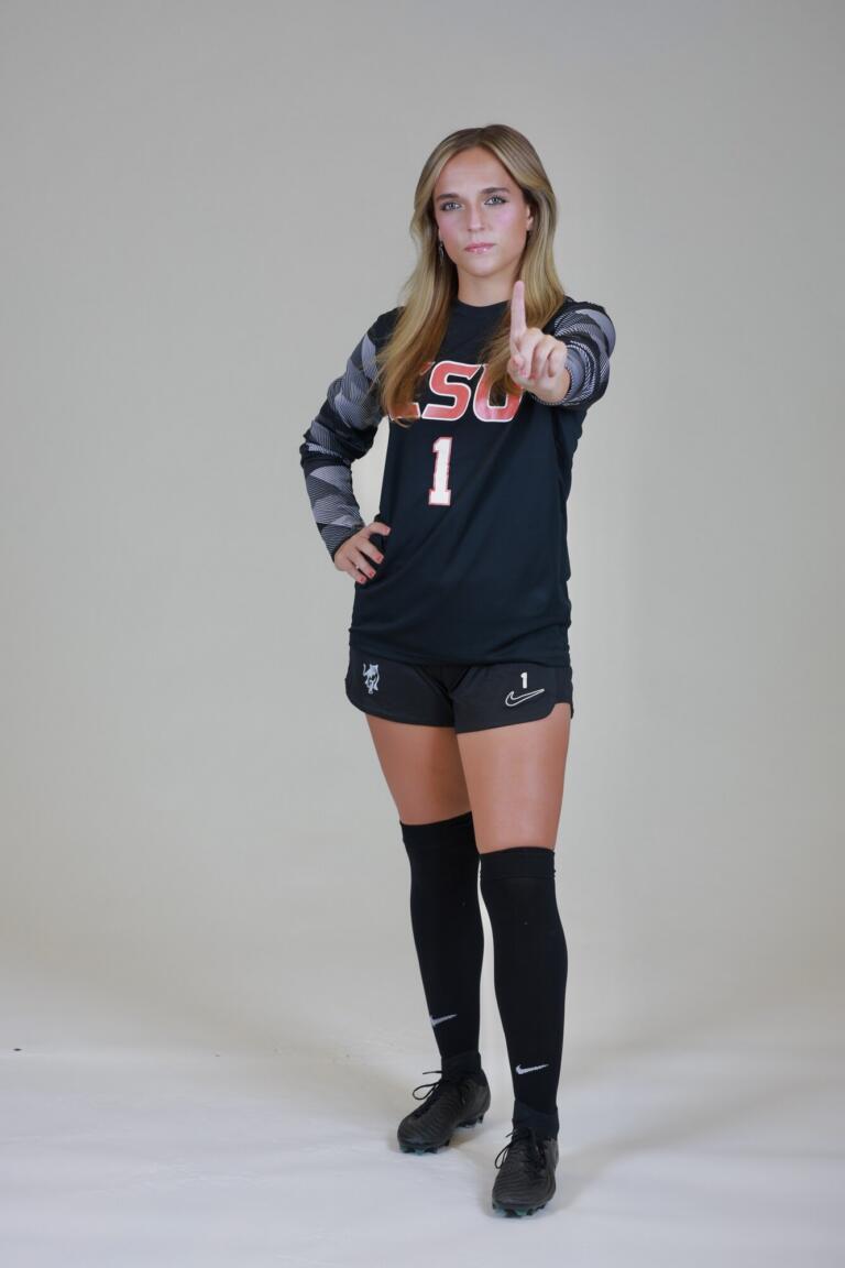 Heidi Harris in Columbus State Cougars goalkeeper kit, studio portrait