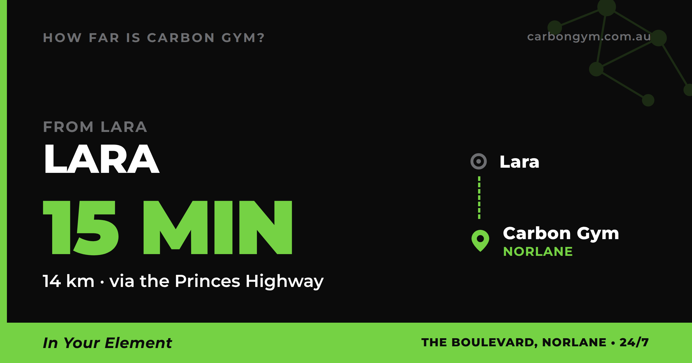 Map of the drive from Lara to Carbon Gym in Norlane, about fifteen minutes via the Princes Highway
