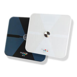 MyZone MZ-20 Bluetooth digital scales in black and white