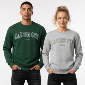 Carbon Gym varsity jumper in green and grey, sizes S to XL