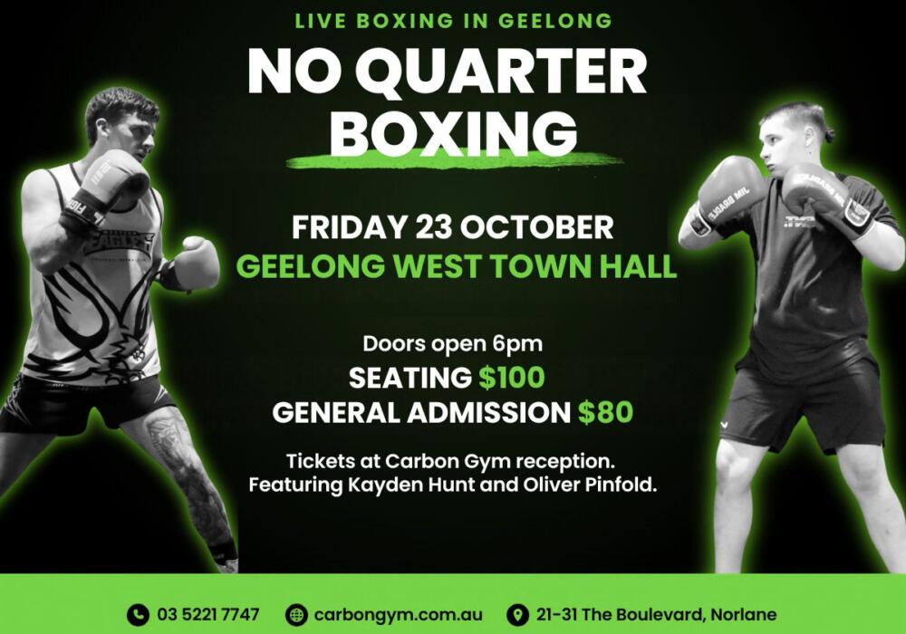 No Quarter Boxing poster, Friday 23 October at Geelong West Town Hall, Geelong, featuring Kayden Hunt and Oliver Pinfold